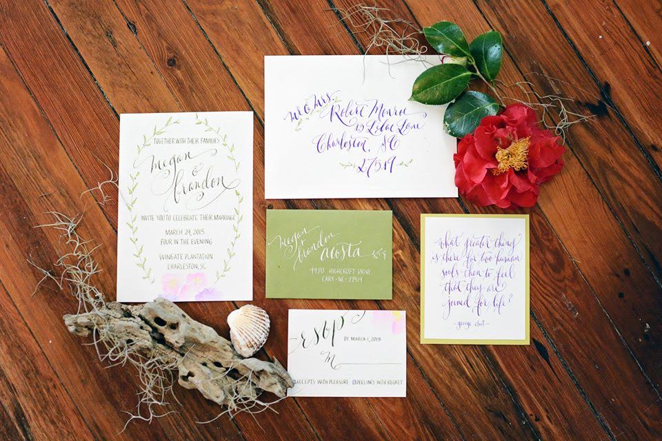 A collage of a wedding invitation suite done in calligraphy.